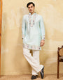 Elegant Sky Viscose Silk Thread Work Kurta Set For Special Occasion