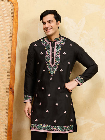Modern Black Khadi Silk Kurta for Men Perfect for Festive Wear