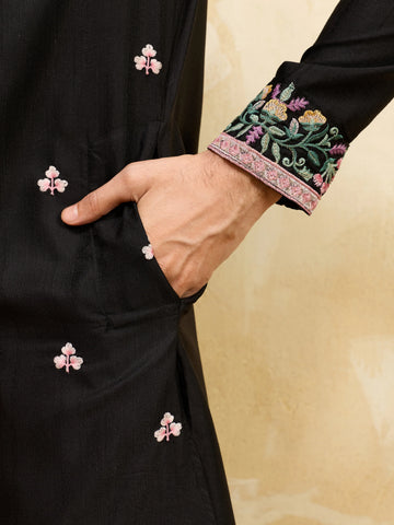Modern Black Khadi Silk Kurta for Men Perfect for Festive Wear