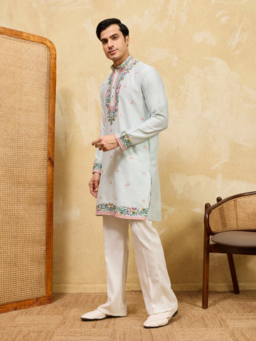 Designer Light Sky Khadi Silk Men’s Kurta With Pant