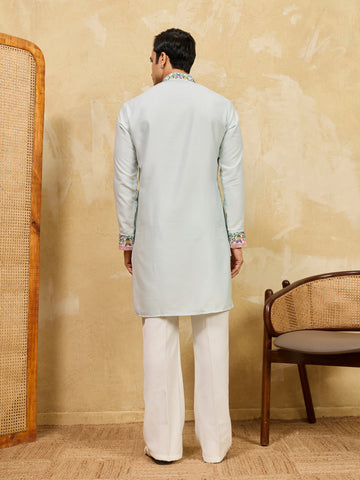Designer Light Sky Khadi Silk Men’s Kurta With Pant