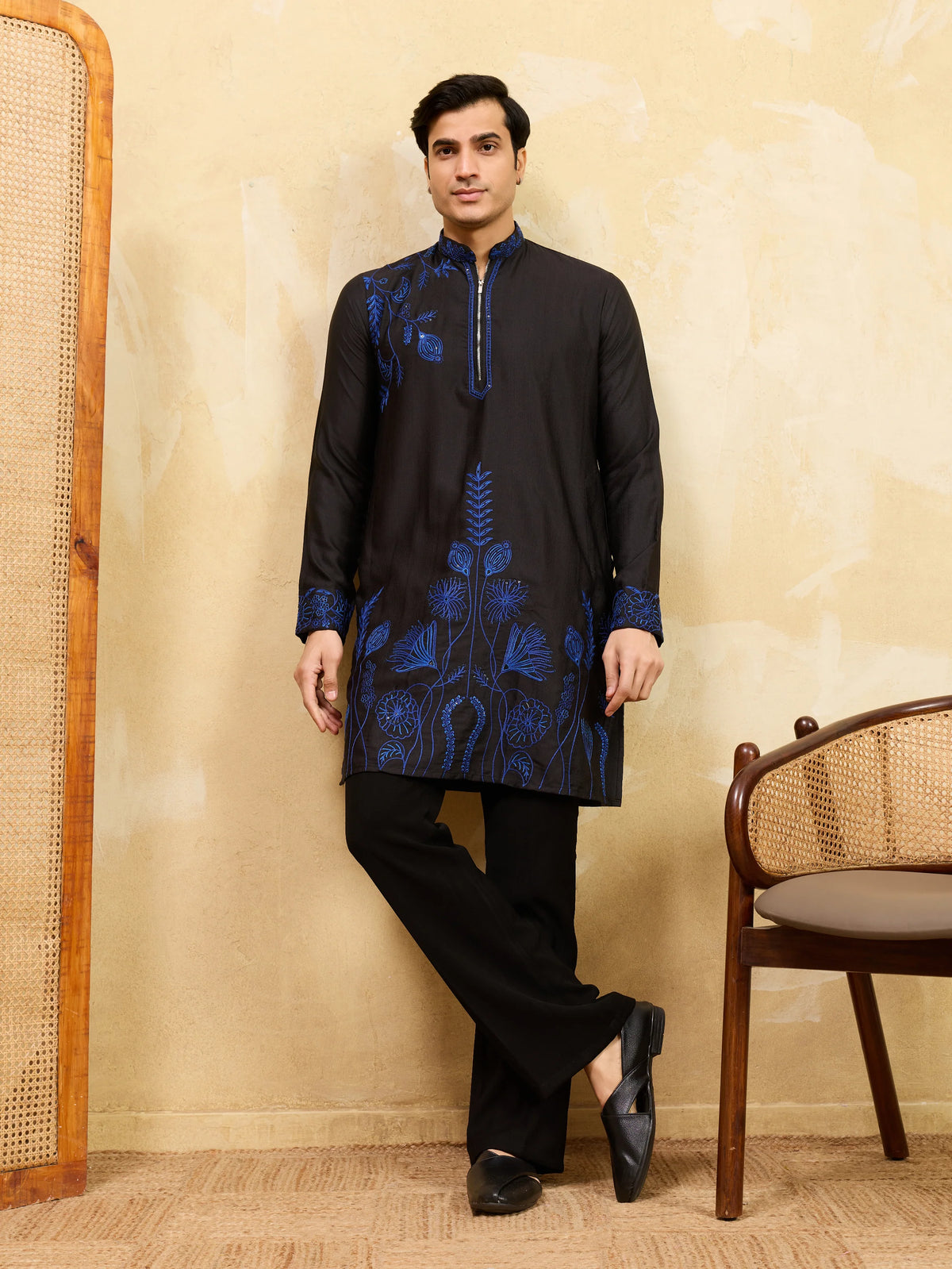 Magic Black Khadi Silk Kurta for Men with Blue Thread Work