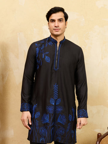 Magic Black Khadi Silk Kurta for Men with Blue Thread Work