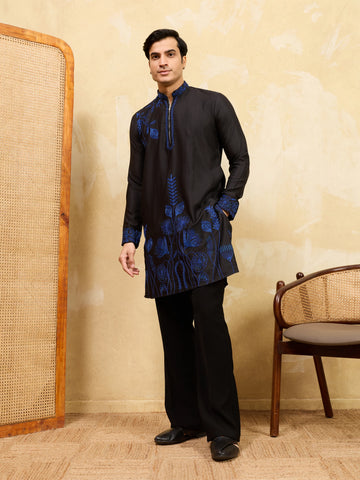 Magic Black Khadi Silk Kurta for Men with Blue Thread Work