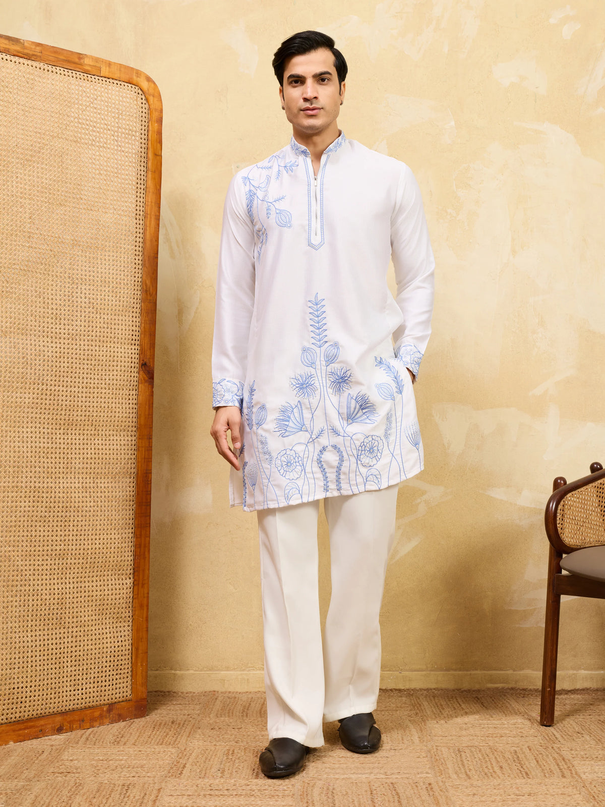 Premium White Khadi Silk Kurta for Men with Blue Thread Work