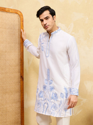 Premium White Khadi Silk Kurta for Men with Blue Thread Work