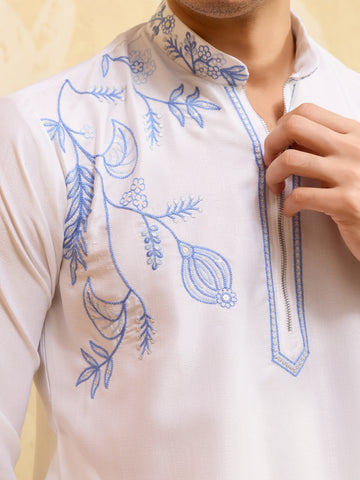 Premium White Khadi Silk Kurta for Men with Blue Thread Work