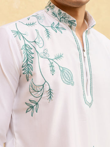 Classic Khadi Silk Designer Kurta With Green Thread Work