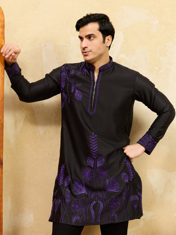 Royal Khadi Silk Kurta With Purple Thread Work