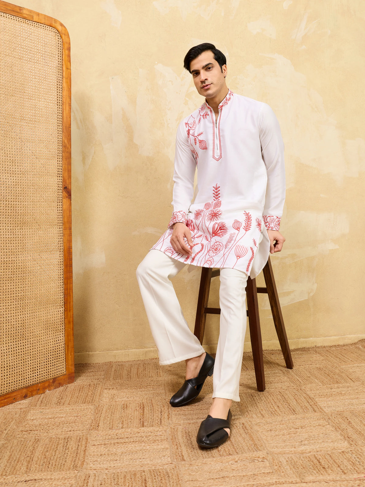 Luxury White Khadi Silk Kurta with Red Thread Work