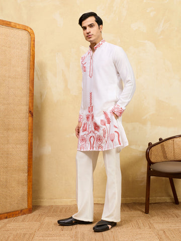 Luxury White Khadi Silk Kurta with Red Thread Work