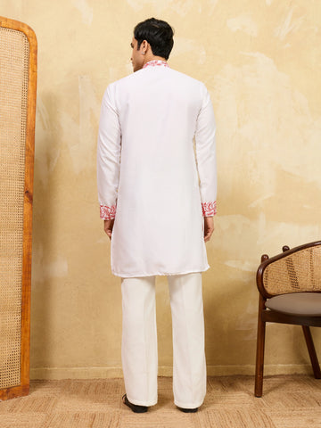 Luxury White Khadi Silk Kurta with Red Thread Work