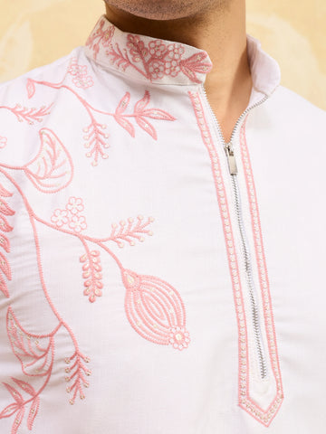 Signature White Khadi Silk Men’s Kurta with Pink Thread Work