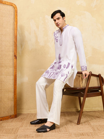 Regal Khadi Silk White Kurta with Purple Thread Work