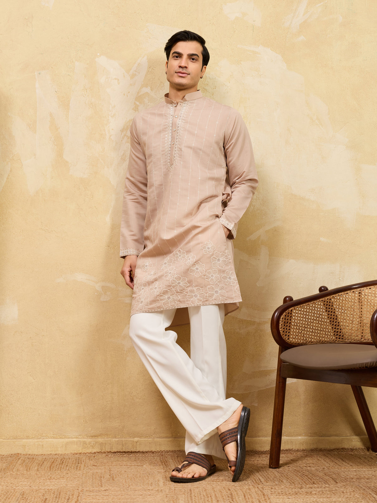 Elegant Peach Multi Thread & Sequence Embroidered Kurta
