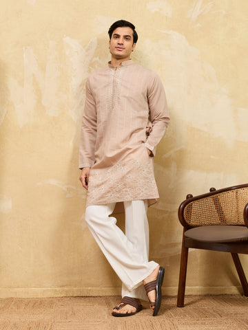 Elegant Peach Multi Thread & Sequence Embroidered Kurta
