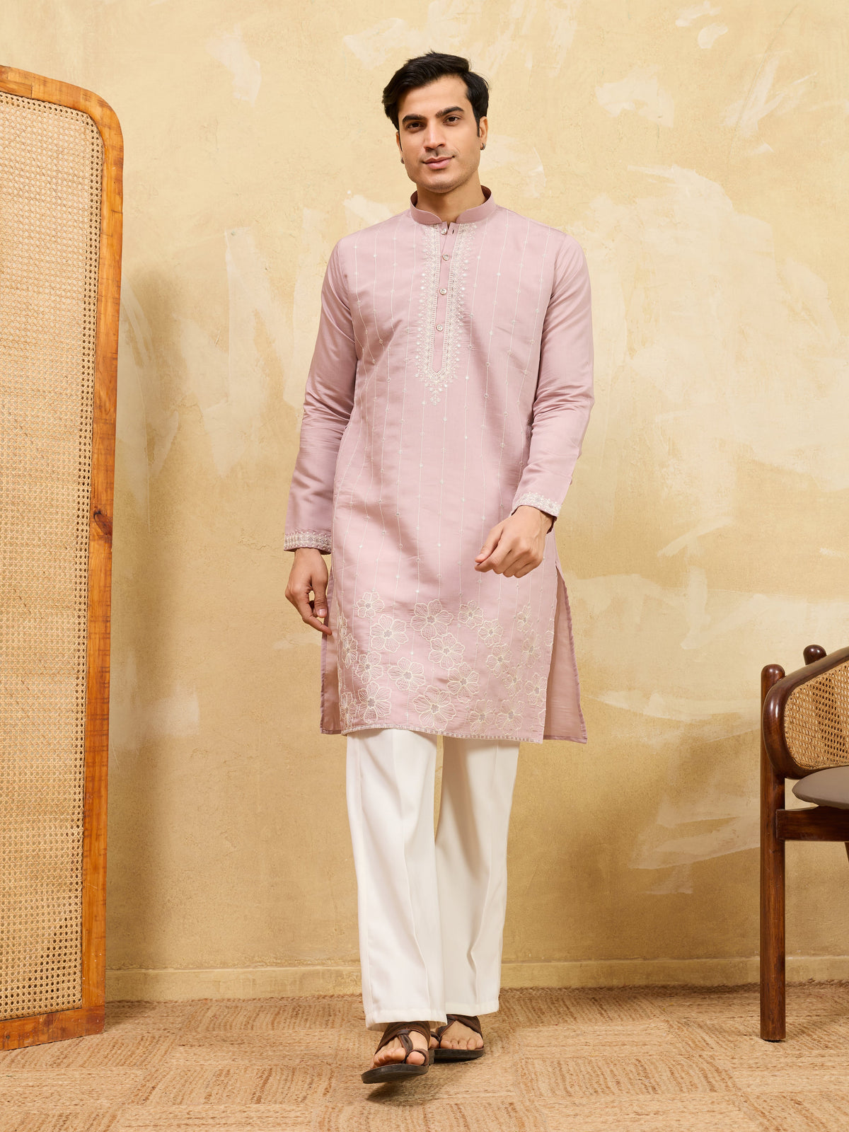 Festive Lavender Viscose Silk Multi-Thread Embroidery Kurta Set