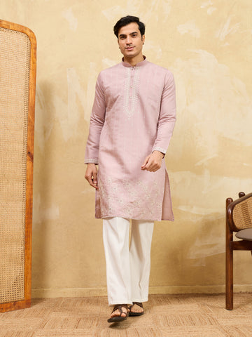Festive Lavender Viscose Silk Multi-Thread Embroidery Kurta Set