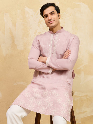 Festive Lavender Viscose Silk Multi-Thread Embroidery Kurta Set