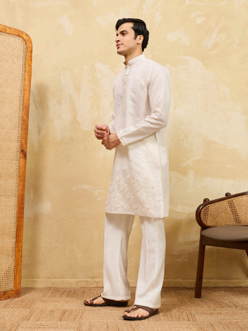 Classic White Viscose Silk Multi-Thread Men’s Kurta Set
