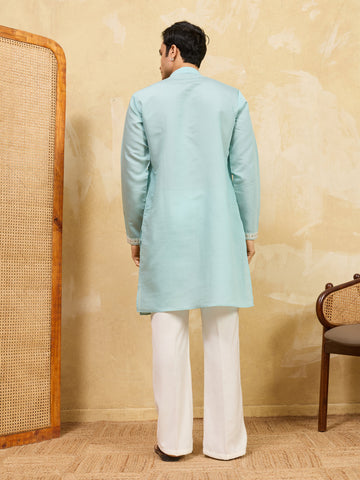 Modern Sky Blue Viscose Silk Fancy Embroidered Men’s Kurta