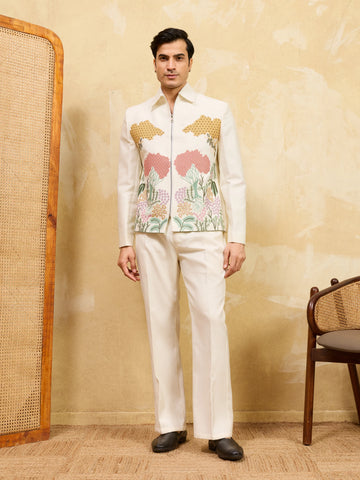 Premium White Bomber Jacket Featuring Multi Thread Sequin Work with Pant