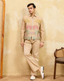 Beige Bomber Jacket with Embroidered Thread Work and Pant Set for Men