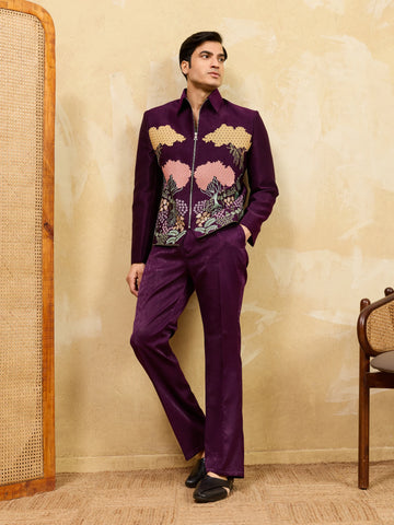 Stylish Wine Bomber Jacket with Embroidered Thread and Pants for Men