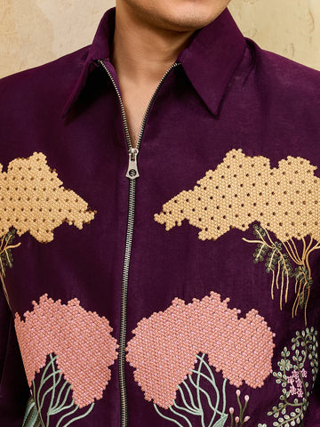 Stylish Wine Bomber Jacket with Embroidered Thread and Pants for Men