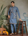 Blue Gray Open Koti Style Full Kurta Pajama Set for Men