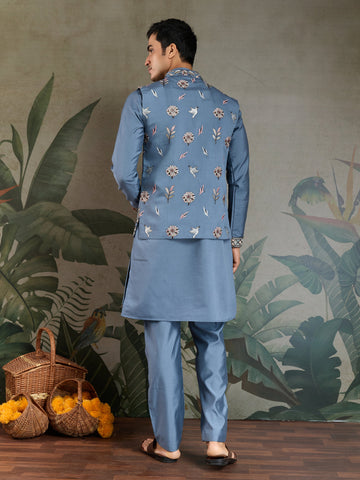 Blue Gray Open Koti Style Full Kurta Pajama Set for Men