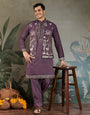 Rust Purple Open Koti Style Kurta Pajama Set for Men