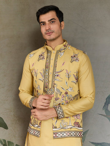Haldi Special Yellow Kurta Pajama with Open Jacket for Men