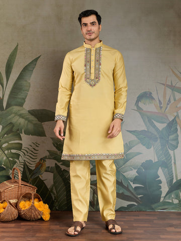 Haldi Special Yellow Kurta Pajama with Open Jacket for Men