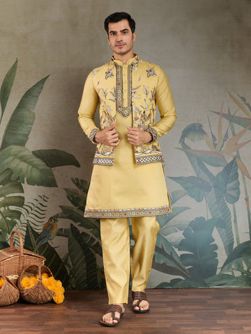 Haldi Special Yellow Kurta Pajama with Open Jacket for Men