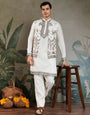 Wedding Special White Jacket Style Kurta Pajama Full Set