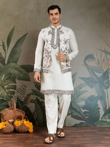 Wedding Special White Jacket Style Kurta Pajama Full Set