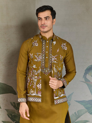 Golden Olive Open Koti Style Kurta Pajama Set for Men