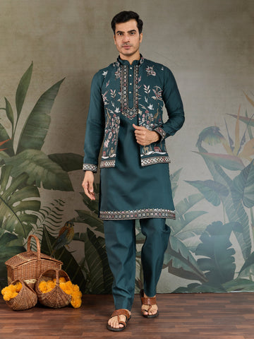 Traditional Green Kurta Pajama with Stylish Open Jacket