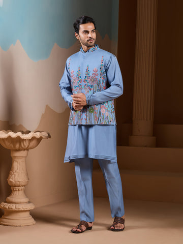 Vibrant Sky Blue Koti Kurta Pajama for Mens Outfits