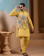Haldi Ceremony Yellow Embroidered Koti Kurta Set for Mens