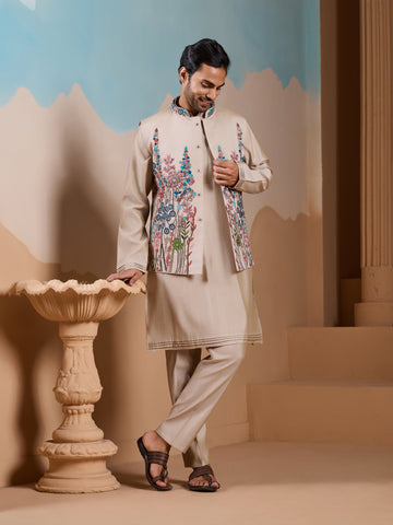 Elegant Fashionable Beige Koti Kurta Set for Mens Wear