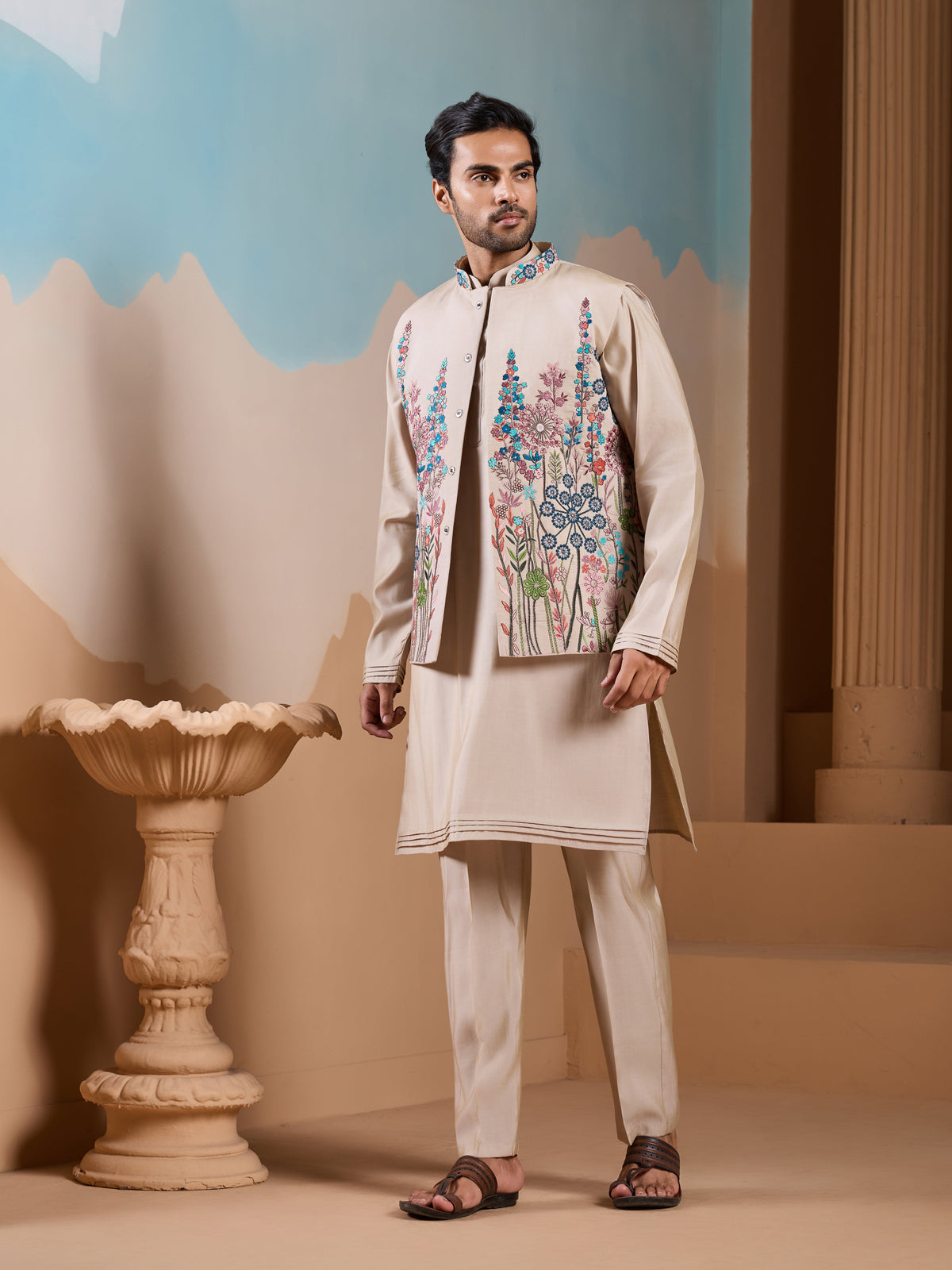 Elegant Fashionable Beige Koti Kurta Set for Mens Wear