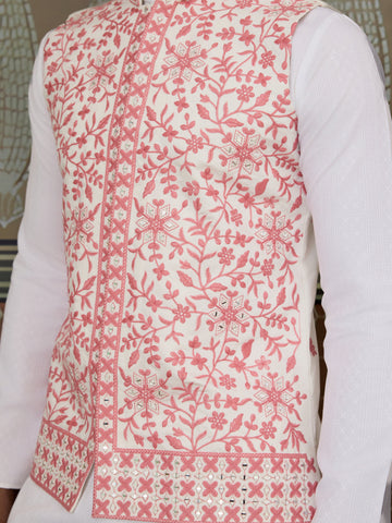 Wedding Pink Koti with White Kurta Pajama Set