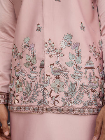 Pink Unique Color Embroidered Koti Kurta Pajama for Mens