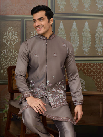 Grey Embroidered Koti Kurta Set for Mens Wear
