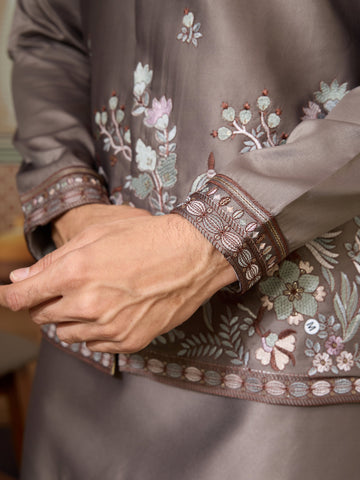 Grey Embroidered Koti Kurta Set for Mens Wear