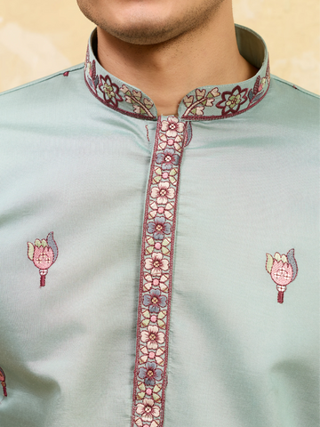 Premium Pista Green Embroidered Viscose Silk Kurta and Dupatta for Men