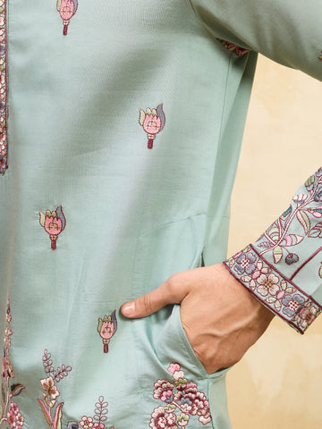 Premium Pista Green Embroidered Viscose Silk Kurta and Dupatta for Men