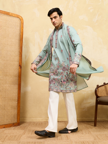 Premium Pista Green Embroidered Viscose Silk Kurta and Dupatta for Men